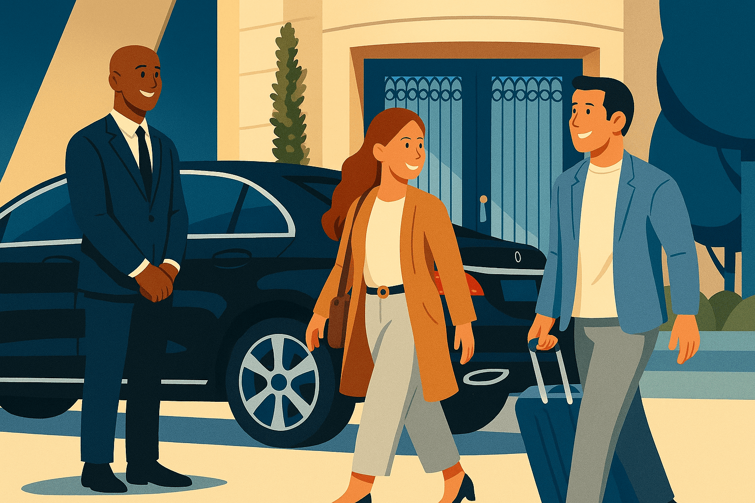 Professional chauffeur greeting clients at a luxury vehicle