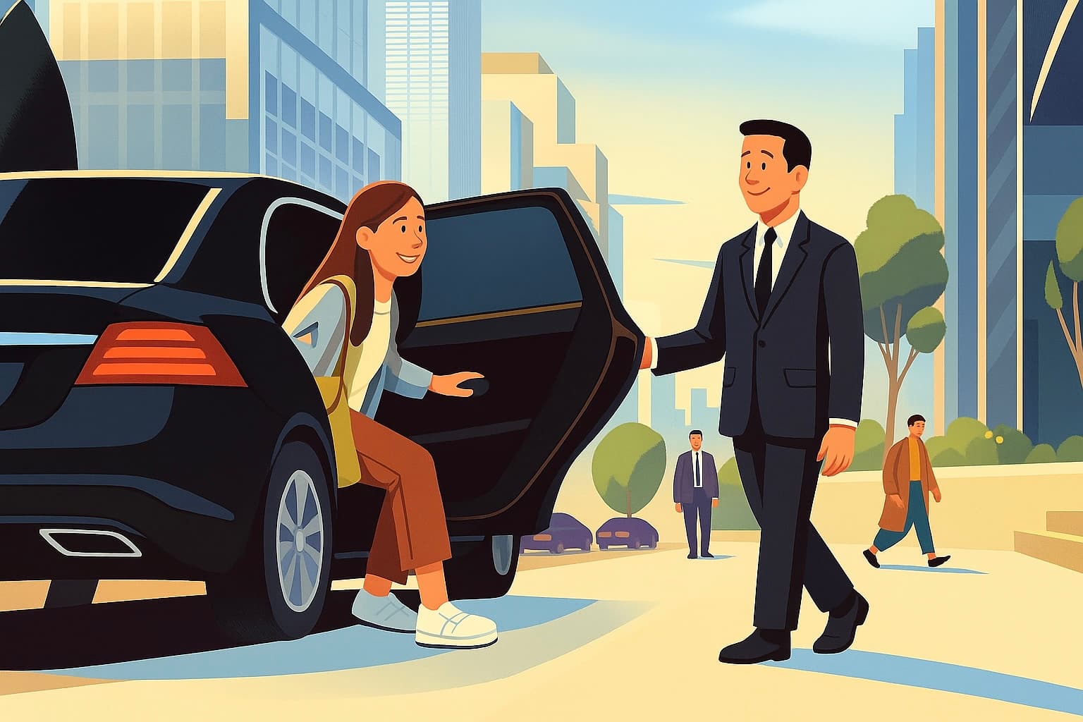 Chauffeur assisting clients at a luxury building entrance